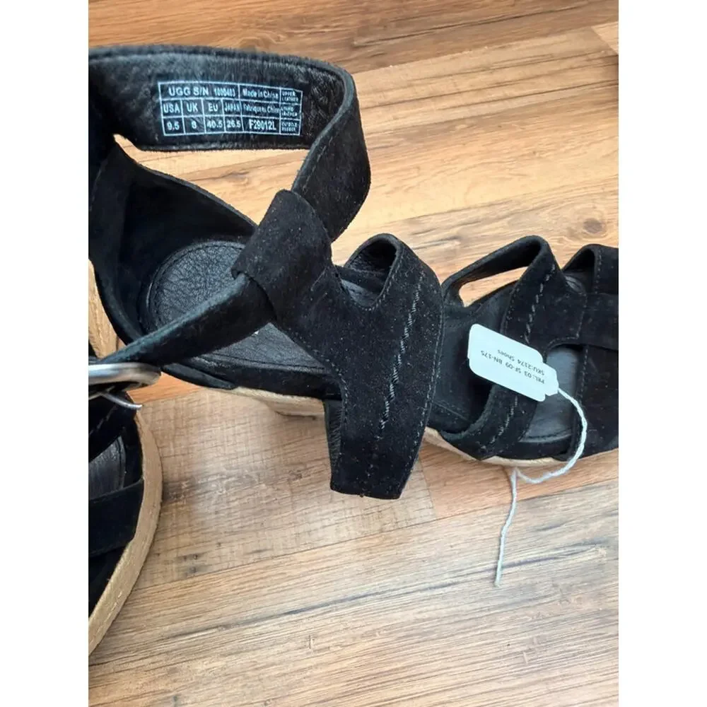 Ugg size 9.5 Callia Black Suede Platform Wedge Ankle Strap Heels Sandals women